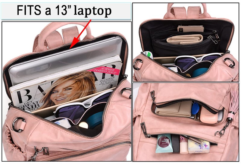 UTO حقيبة ظهر نسائية من UTO مصنوعة من جلد PU الشمعي، حقيبة سفر مصممة للأزياء مع شراشيب باللون الوردي - Image 4